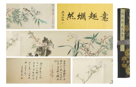 Chinese Drawing Flower and Bird Hand Scroll,Xie Zhiliu Mark
