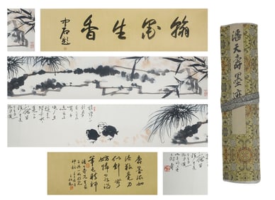 Chinese Drawing Flower and Bird Hand Scroll,Pan Tianshou Mark