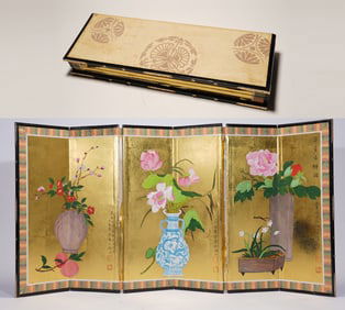 Chinese Drawing Gold Drawing Flower Painting Screen,Lu Xiaoman Mark