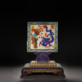 Bronze Cloisonne Inlaid Gem Stone Carved Dragon and Phoenix Pattern Table Plaque