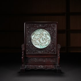 Red Sandalwood Inlaid Jadeite Carved Fish Pattern Table Plaque