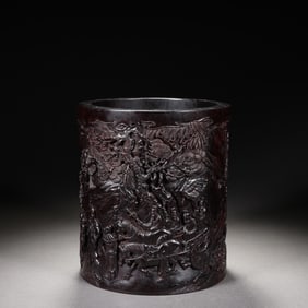 Red Sandalwood Carved Pine Tree and Character Pattern Brush Pot