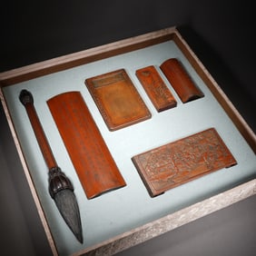 Group of Six Bamboo Carved Poetry and Pine Tree and Character Pattern Ink Stone and Stone Seal & Arm