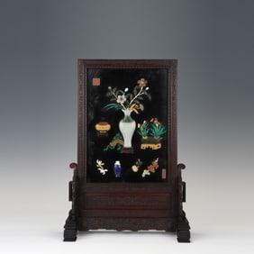 Red Sandalwood Inlaid Jade and Gem Stone Carved Flower and Flower Pot Pattern Table Plaque