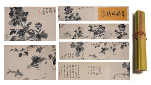 Chinese Drawing Flower Hand Scroll,Wang Xuetao Mark