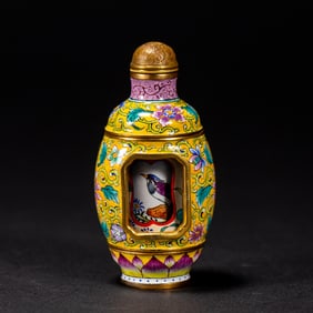 Bronze Enamel Blue Base Flower and Bird Pattern Snuff Bottle