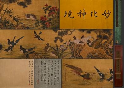 Chinese Drawing Flower and Bird Hand Scroll,Jiang Tingxi Mark
