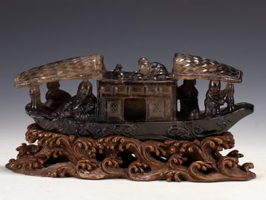 Blace Crystal Carved Character and Boat Shape Ornament