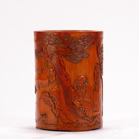Bamboo Carved Pine Tree and Character Pattern Brush Pot