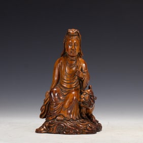 Huanghuali Wood Carved GuanYin and Beast Figure