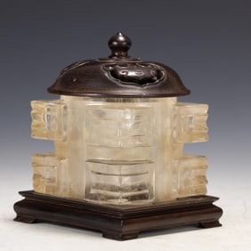 White Crystal Cong Ornament and Red Sandalwood Lid and Base