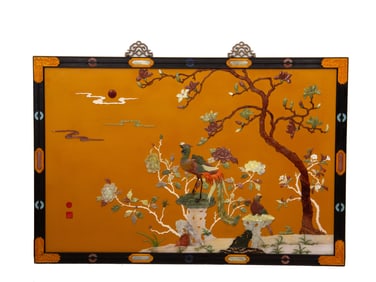 Red Sandalwood Multi GemStone Inlaid Carved Flower and Bird Pattern Wall Panel