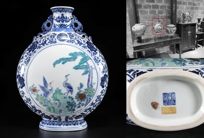 A BLUE AND WHITE DOUCAI'PINE AND CRANE'MOON FLASK