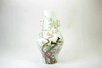A FAMILLE ROSE 'FLORAL AND BIRD' OLIVE VASE