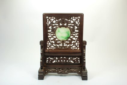A HUANGHUALI WITH JADEITE INLAID 'LANDSCAPE'TABLE SCREEN