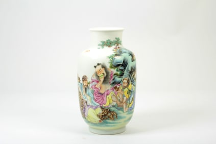 A FAMILLE ROSE 'FIGURAL'LATERN SHAPED VASE