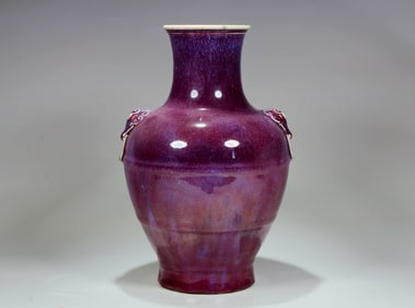 A FLAMBÉ-GLAZED 'LION'EARRED VASE