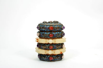 A CLOISONNÉ ENAMEL WITH GEM INLAID BOX WITH COVER