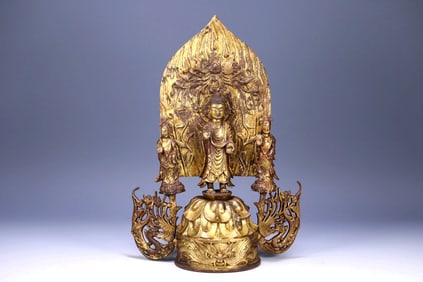 A GILT BRONZE FIGURE OF SHAKYAMUNI