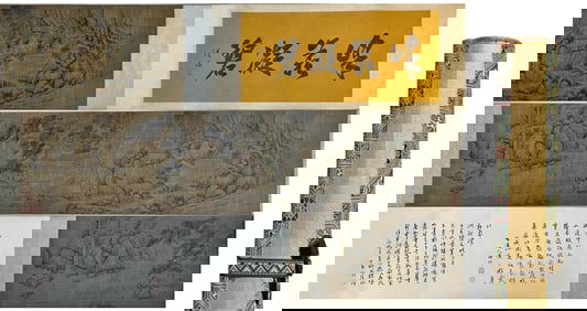 A CHINESE LONG SCROLL HAND PAINTING,WANG MENG MARK