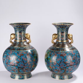 Pair of Bronze Cloisonne Carved Flower Pattern Double Elephant Ears Vase