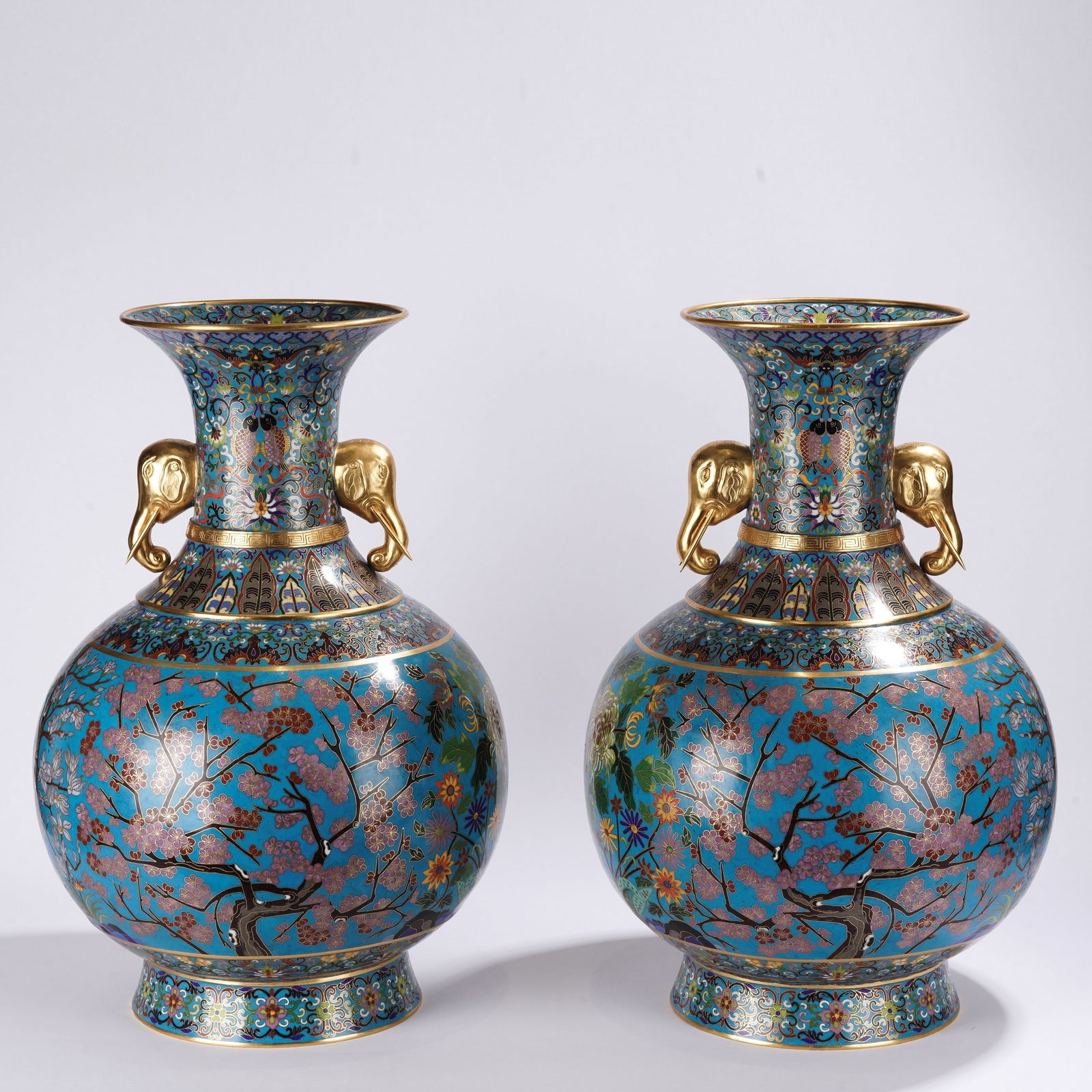 Pair of Bronze Cloisonne Carved Flower Pattern Double Elephant Ears Vase