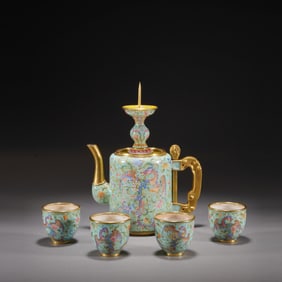 Group of Five Bronze Enamel Blue Base Carved Phoenix Pattern Teapot and Cup