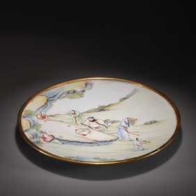 Bronze Enamel Blue Base Carved Character Story Pattern Plate