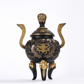 Bronze Inlaid Gilt Bronze Carved Flower Pattern Double Ears Incense Burner