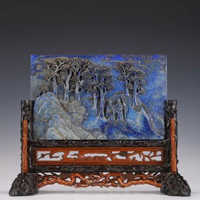 Red Sandalwood Inlaid Lapis Carved Pine Tree and Character Story Pattern Table Plaque