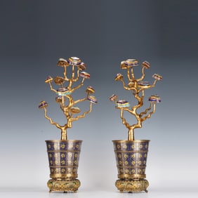 Pair of Bronze Cloisonne Carved Flower Pattern and Reishi Mushroom Shape Ornament