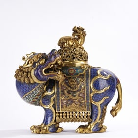 Bronze Cloisonne Inlaid Gilt Bronze Carved Flower Pattern Kirin Shape Incense Burner
