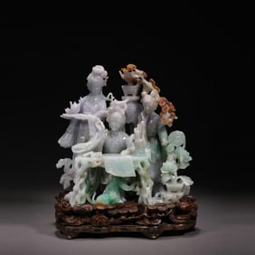 Jadeite Carved Beauty Story and Flower Shape Ornament