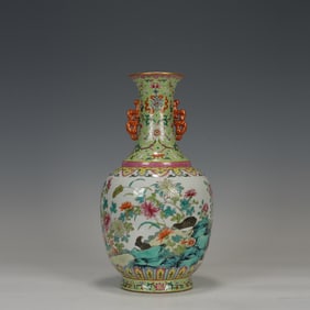 Famille Rose Flower and Quail Pattern Double Ears Porcelain Vase