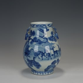 Blue and White Pine Tree and Deer Pattern Double Deer Ears Porcelain Zun