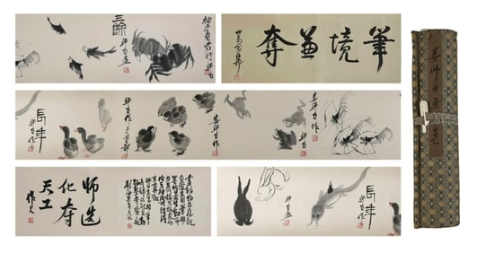 Chinese Drawing Crab and Frog Hand Scroll,Lou Shibai Mark