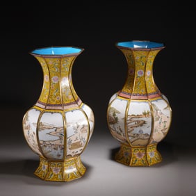 Pair of Bronze Enamel Blue Base Carved Character Story Pattern Vase