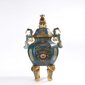 Bronze Cloisonne Inlaid Gilt Bronze Carved Flower and Shou Pattern Double Ears Incense Burner