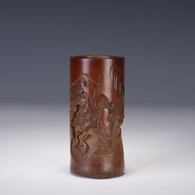 Bamboo Carved Pine Tree and Character Pattern Brush Pot