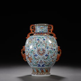 Wucai Flower and Eight Treasure Pattern Double Ears Porcelain Vase