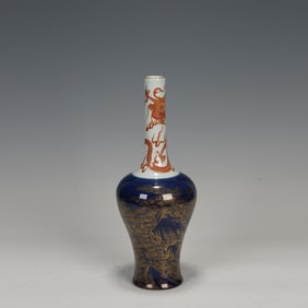 Bright Blue Glazed Orange Draw Gold Drawing Landscape and Dragon Pattern Porcelain Vase