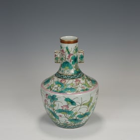 Famille Rose Lotus Flower Pattern Double Ears Porcelain Vase