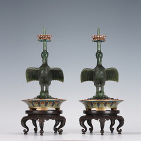 Pair of Jasper Jade Carved Goose Shape Candlestick and Bronze Cloisonne Base
