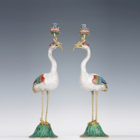 Pair of Bronze Filigree Cloisonne Carved Crane Shape Candlestick
