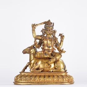 Tibetan Gilt Bronze Four Armed Dharmaraja Figure
