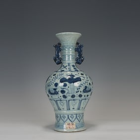 Blue and White Lotus Flower and Duck Pattern Double Ears Porcelain Vase