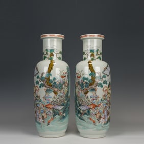 Pair of Wucai Character Story Pattern Porcelain Vase