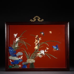 Multi GemStone Inlaid Carved Orchid and Butterfly Pattern Wall Panel
