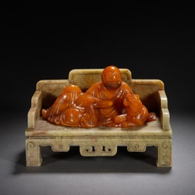 Shoushan Tianhuang Carved Tiger and Arhat Ornament