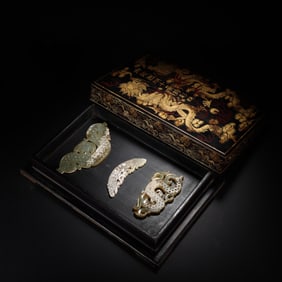 Group of Three Jade Carved Cloud Pattern Dragon Shape Bi